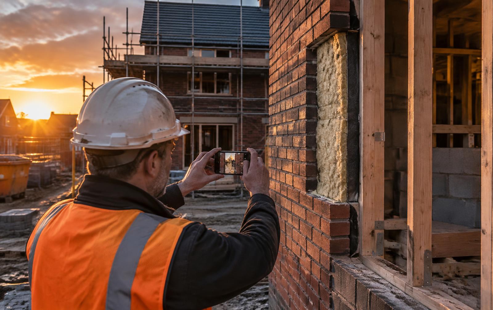 Builder in a high-visibility vest photographing cavity wall insulation on a UK housing site